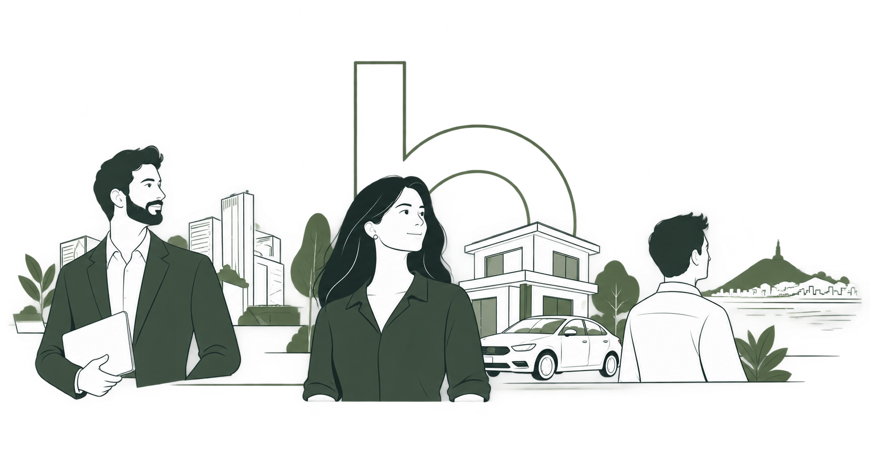 Ilustração de clientes, patrimônio, residência e automóvel